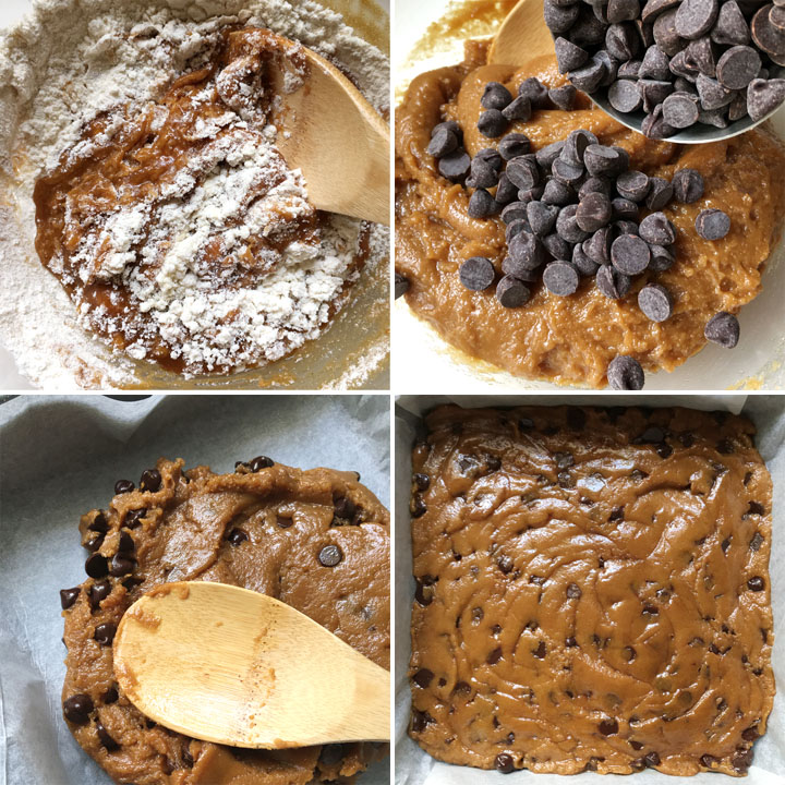 Dry ingredients and wet ingredients mixed together with chocolate chips; cookie batter spread in a square pan.