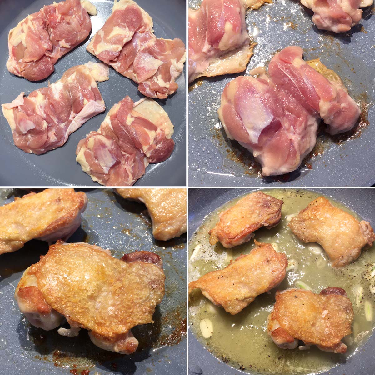 Four raw chicken thighs being cooked in a grey skillet.