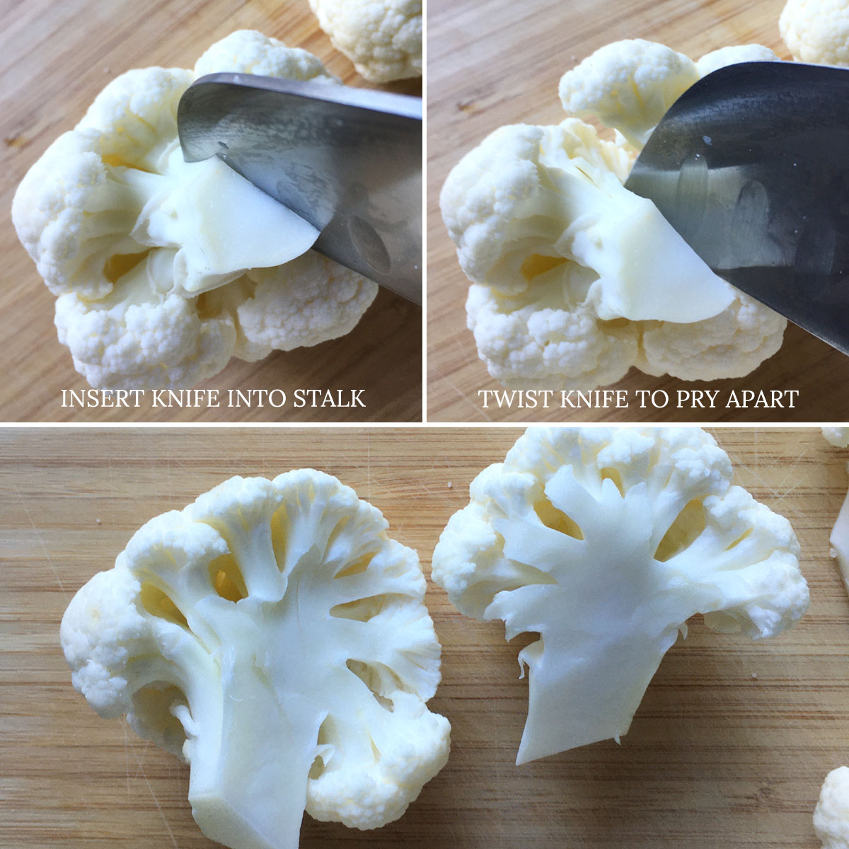 A knife cutting a piece of cauliflower into two pieces.