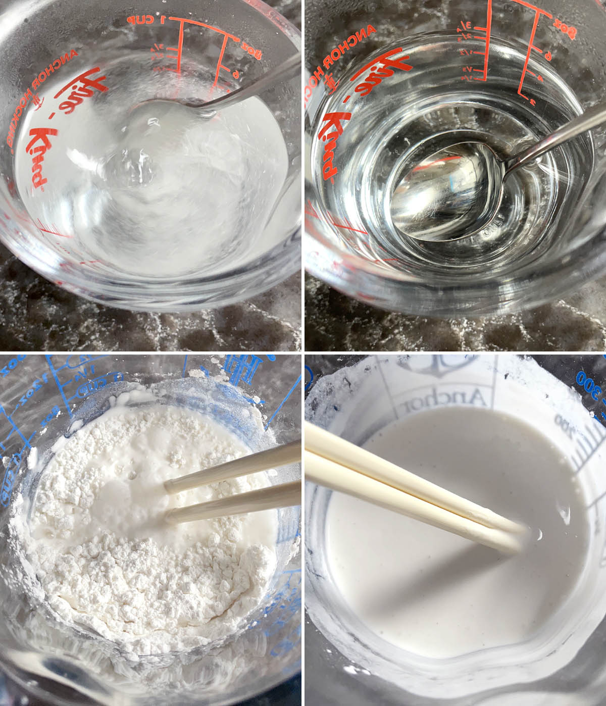 White sugar being dissolved in water, a white powder and water being stirred with chopsticks in a measuring cup.