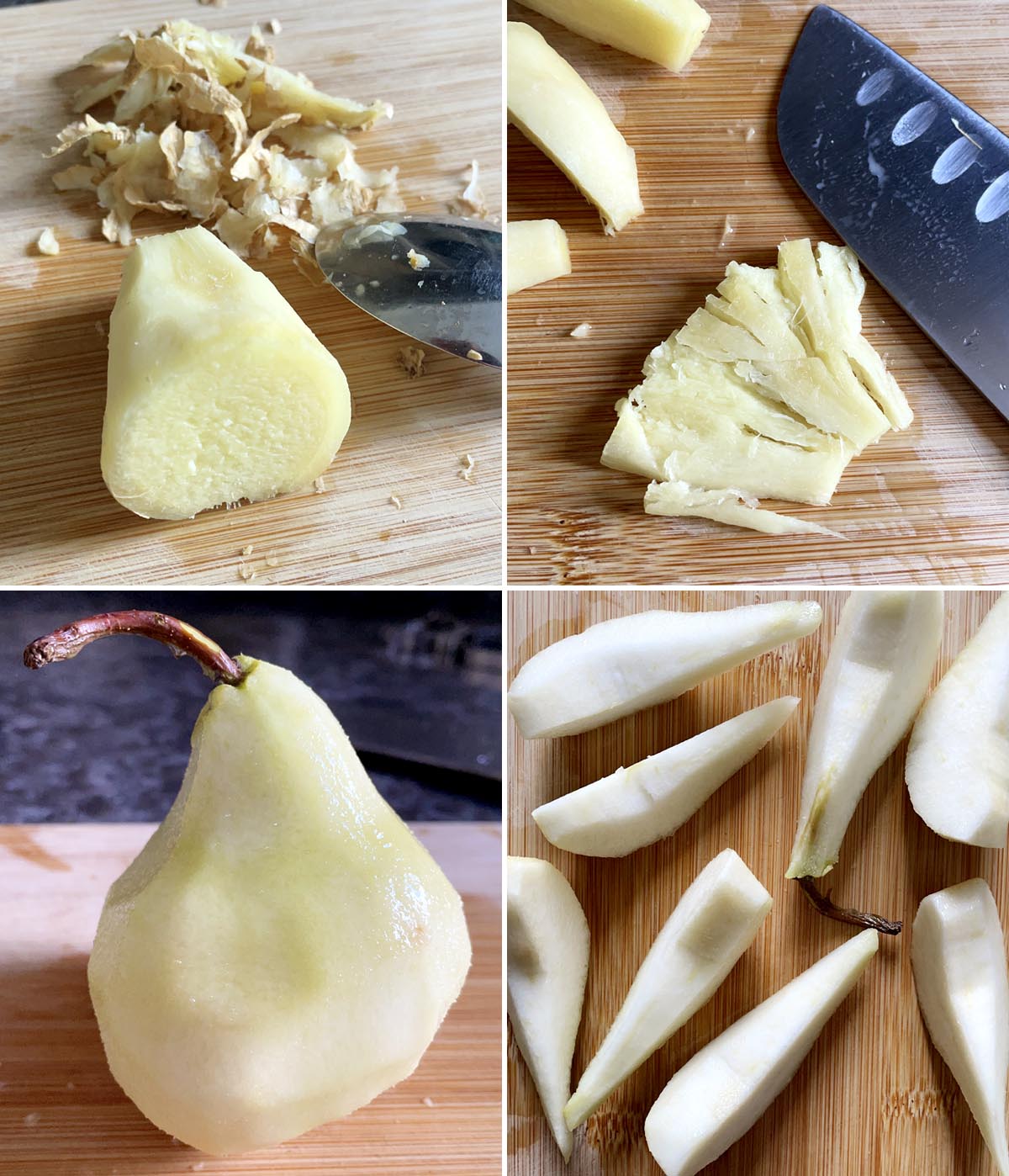 Peeled and crushed raw ginger, a peeled pear cut into 8 wedges.
