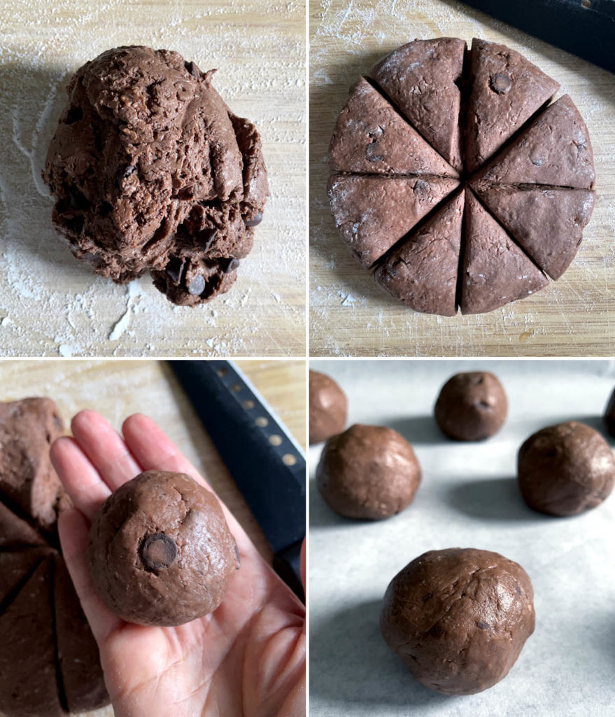 Brown dough shaped into a disc, cut into 8 wedges, a hand holding a rolled up brown ball, brown balls on a baking sheet.