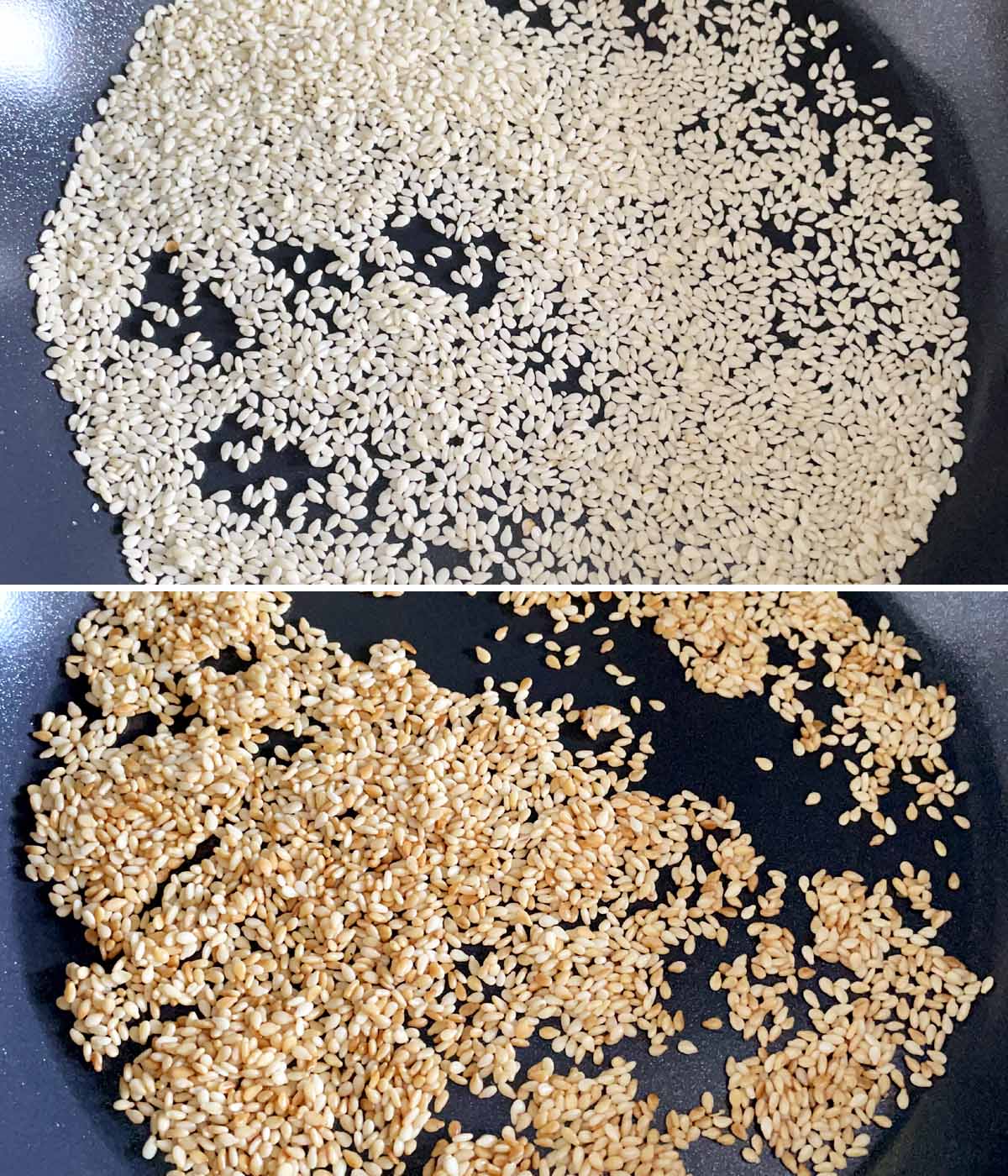White sesame seeds in a dark round pan, golden brown toasted sesame seeds in a pan.