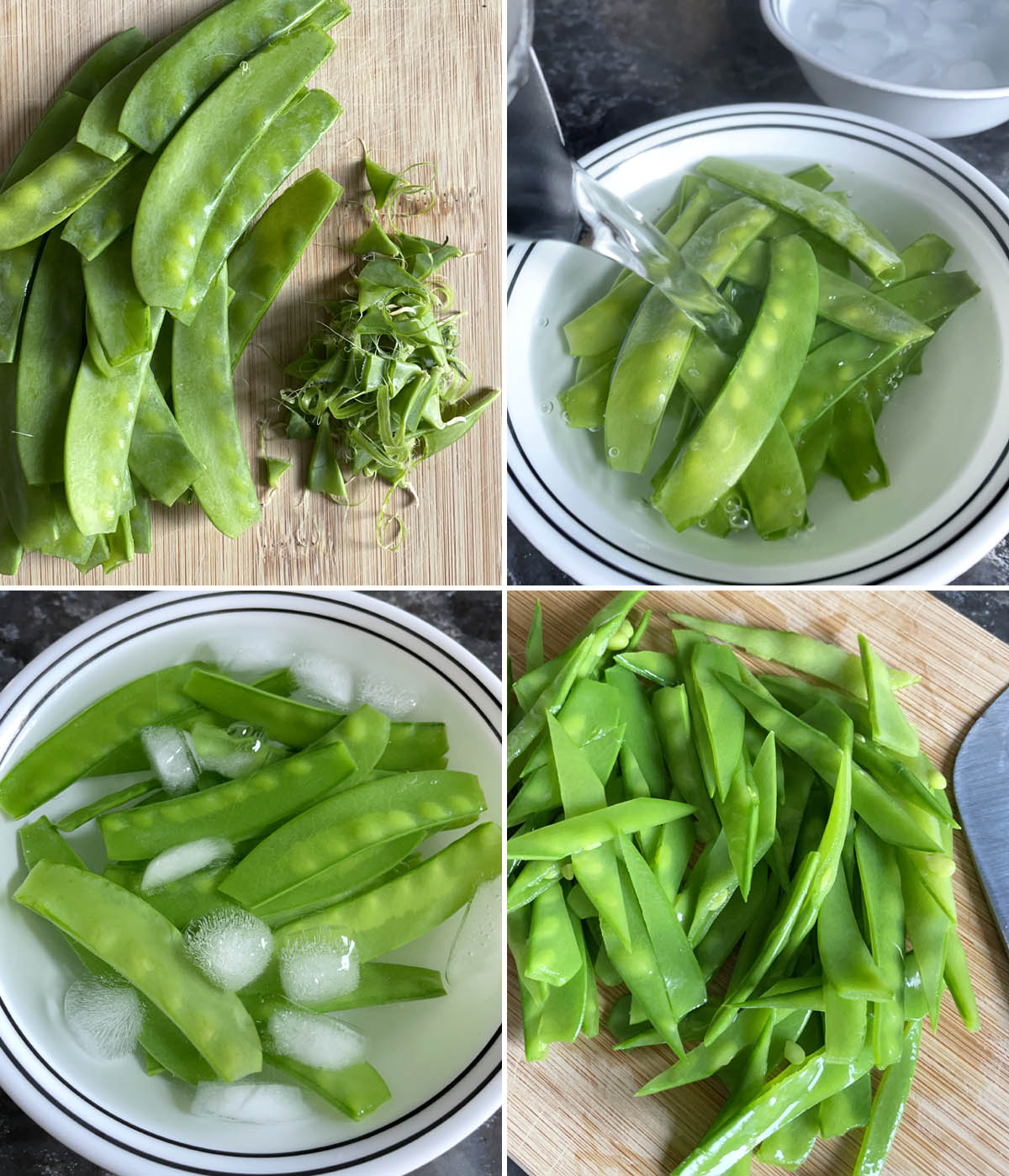 Green snow peas with the tips and strings removed, submerged in water in a bowl, and cut into strips.