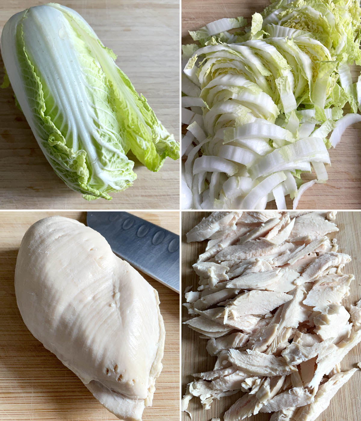 A head of white and green napa cabbage, thinly sliced, and a cooked chicken breast cut into small pieces.