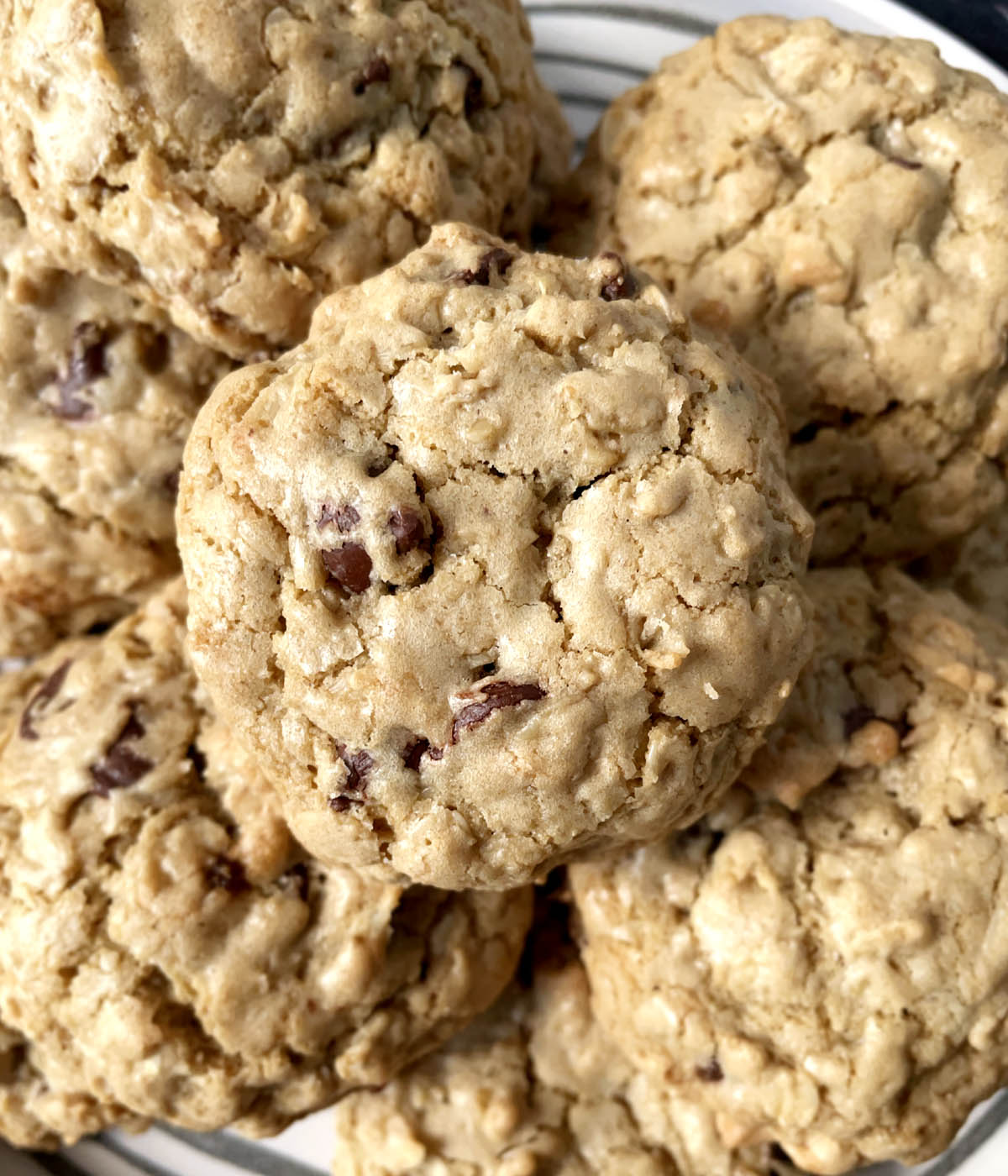 Close-up of a light brown cookie with chocolate chips.