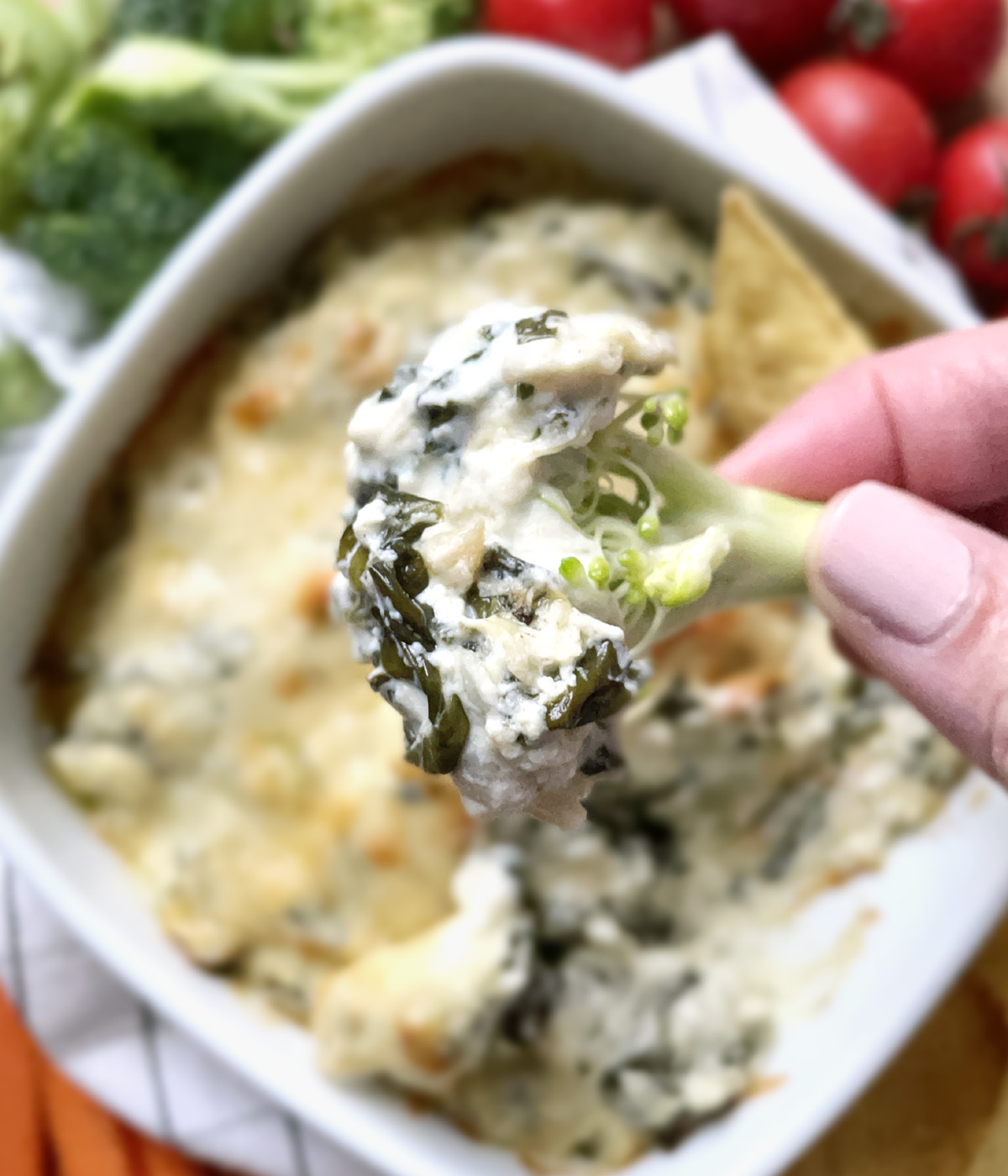Close-up of a hand holding a piece of broccoli with spinach artichoke dip on it.