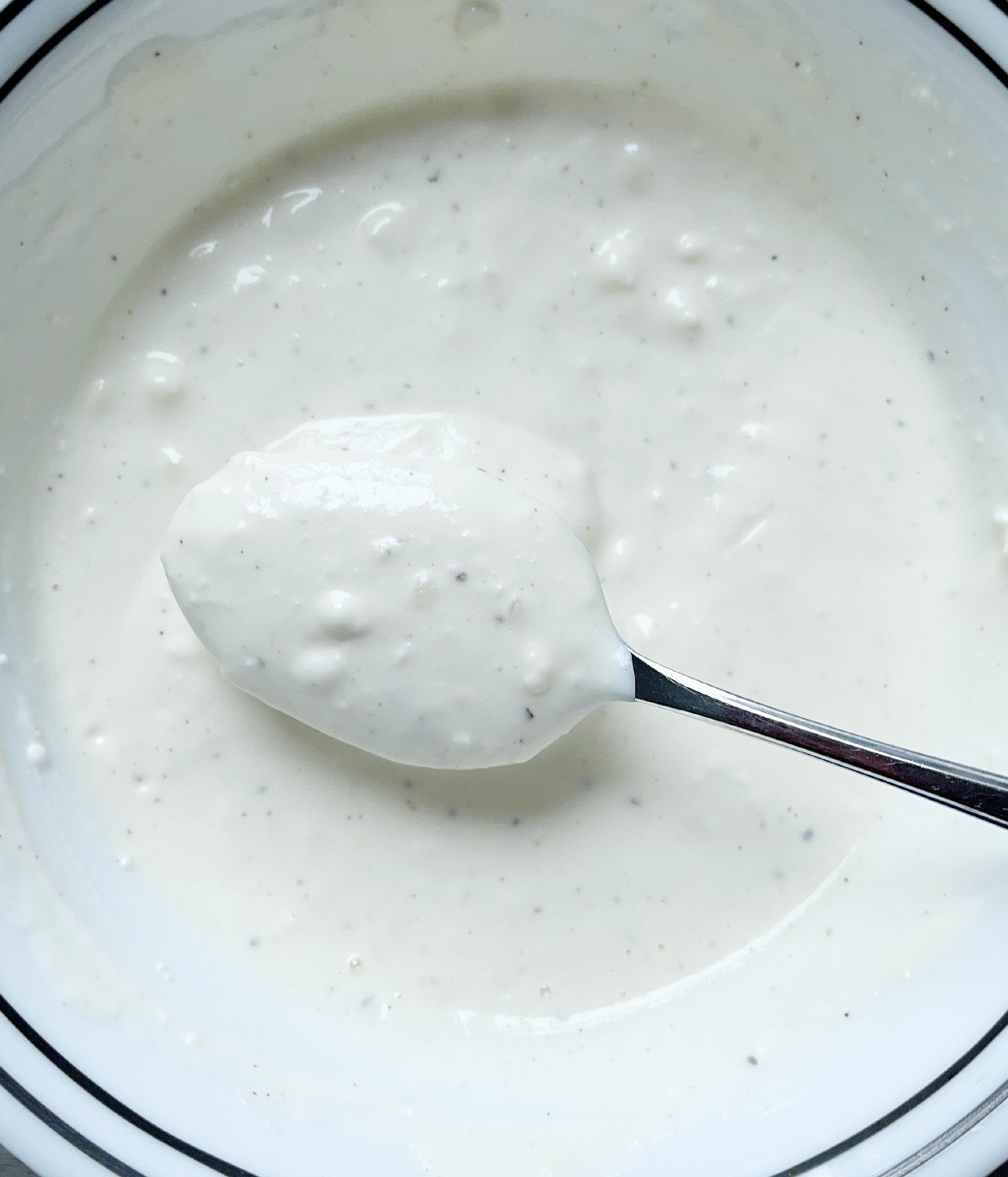 A round white bowl containing a spoon in a thick creamy white dip.