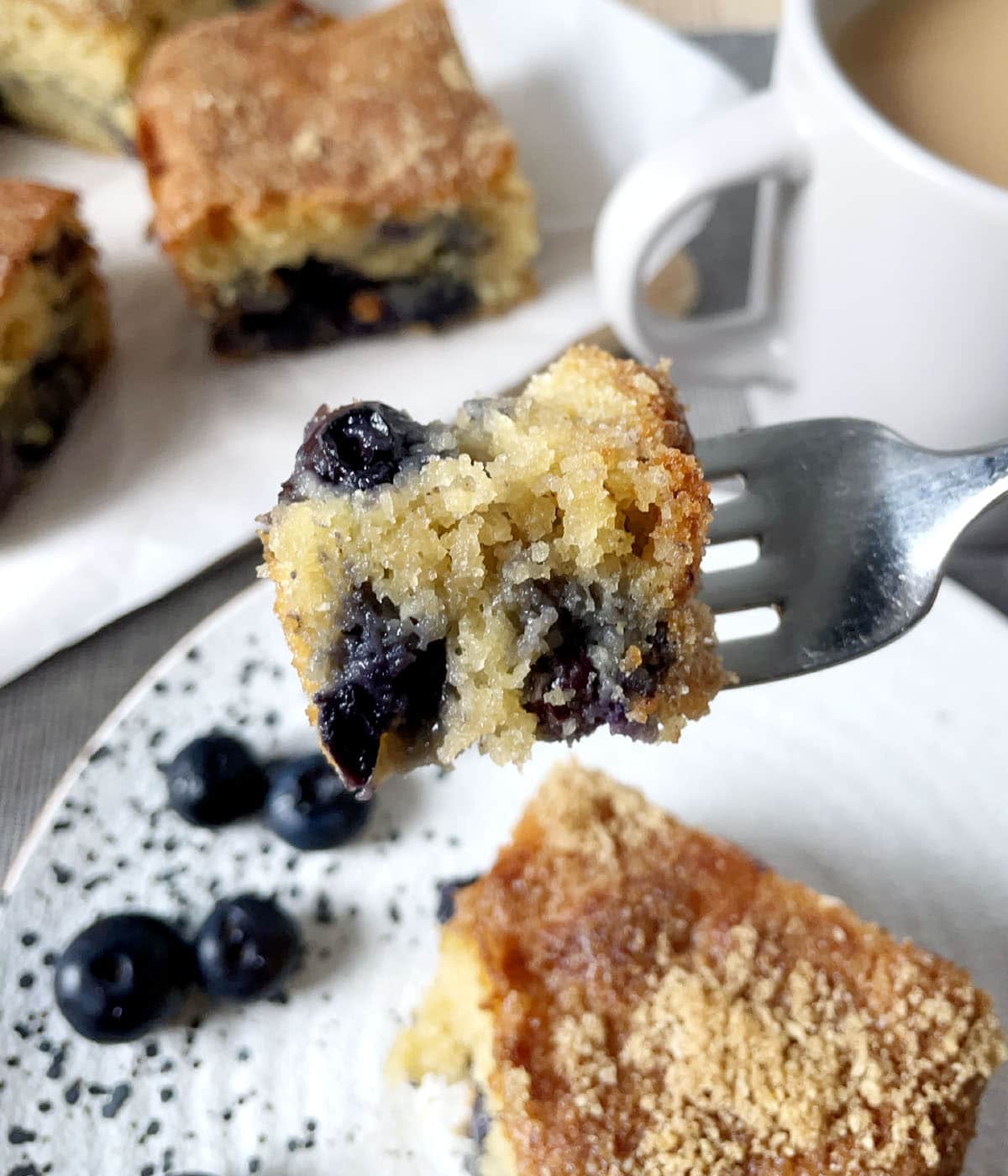 Close-up of a piece of blueberry coffee cake on a fork.