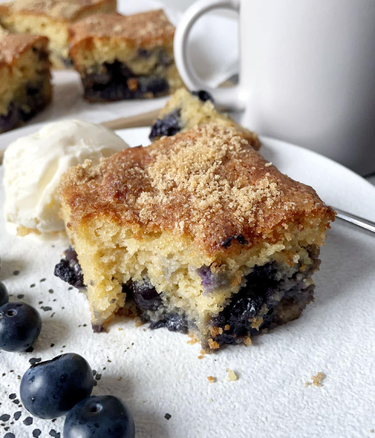 A piece of blueberry coffee cake on a white plate with a scoop of ice cream and fresh blueberries.